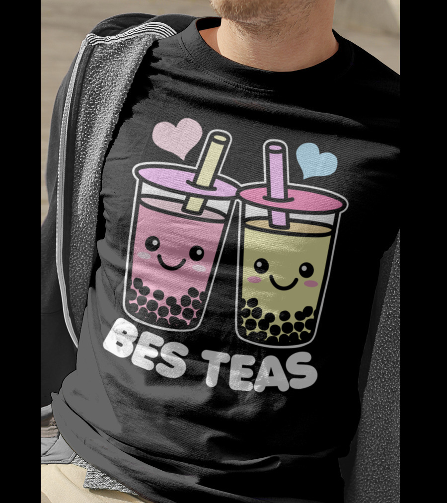Bes Teas Cute Kawaii Boba Drinks Pink Yellow Hearts T-Shirt