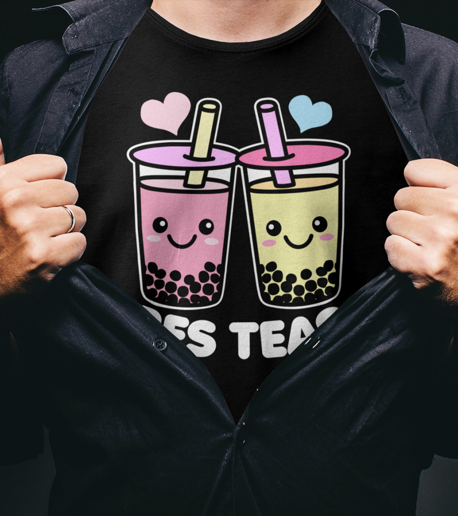 Bes Teas Cute Kawaii Boba Drinks Pink Yellow Hearts T-Shirt