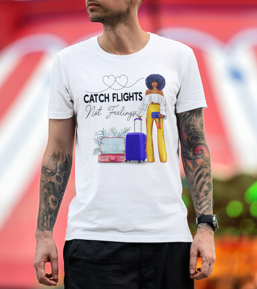 Black Woman Catch Flights Not Feelings Luggage Curls Yellow Pants Fashion T-Shirt