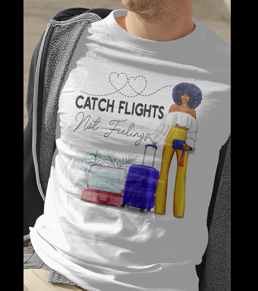 Black Woman Catch Flights Not Feelings Luggage Curls Yellow Pants Fashion T-Shirt