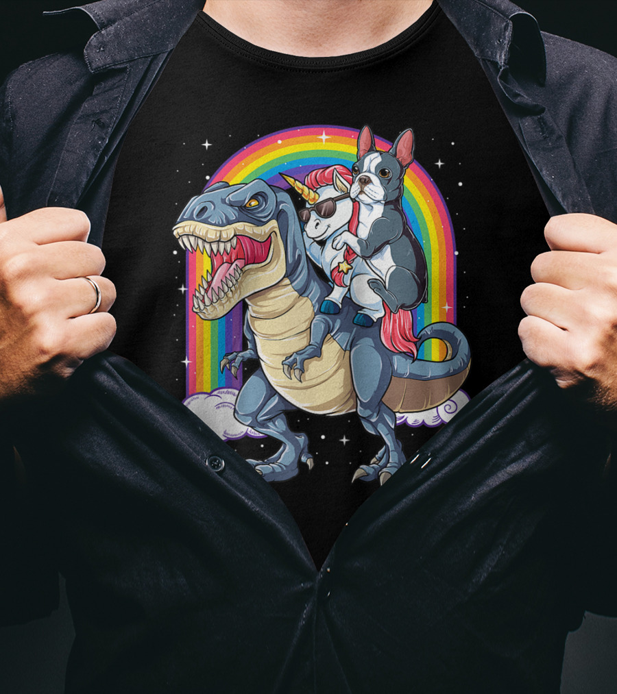 Boston Terrier And Unicorn Riding T-Rex T-Shirt