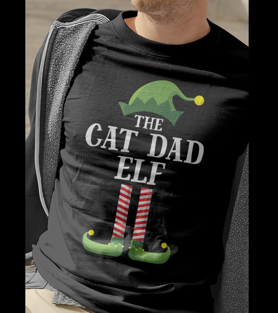 The Cat Dad Elf Matching Family Group Christmas Pajama Holiday T-Shirt
