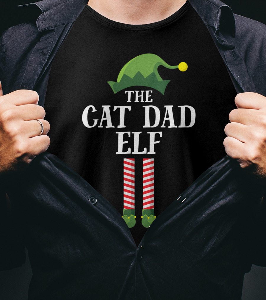 The Cat Dad Elf Matching Family Group Christmas Pajama Holiday T-Shirt