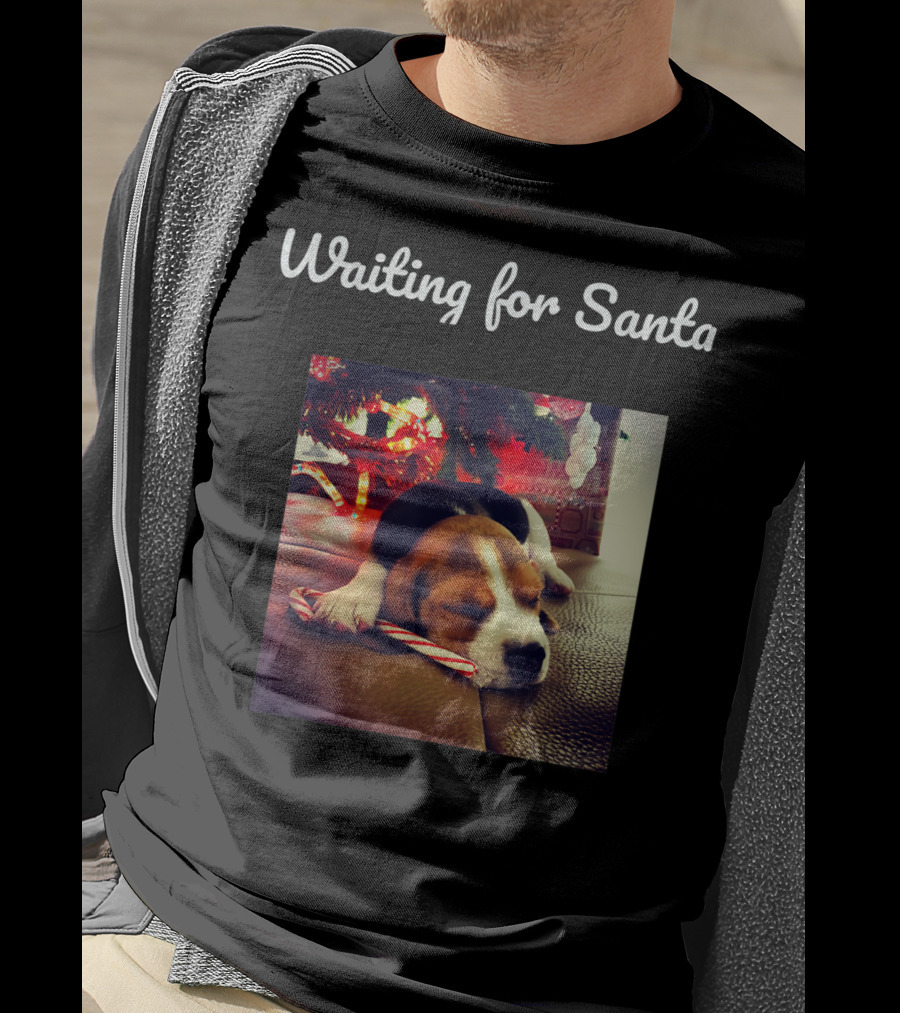 Waiting For Santa Cute Dog Under Christmas Tree With Candy Cane T-Shirt