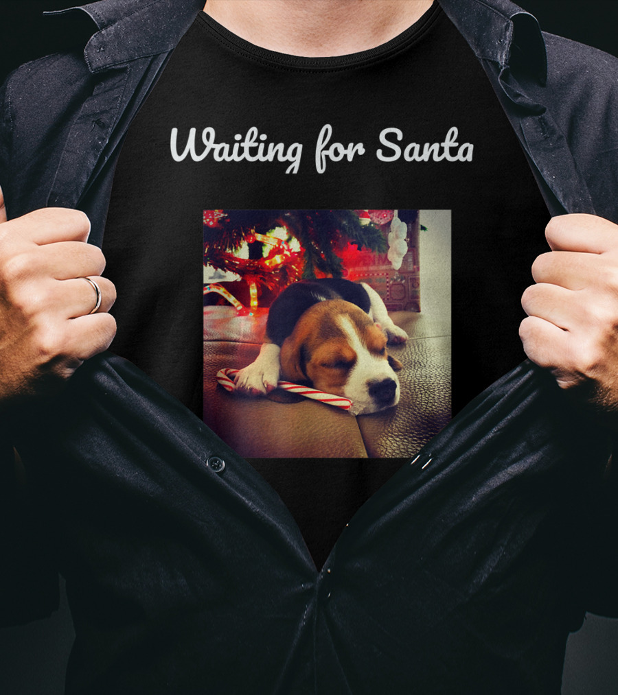 Waiting For Santa Cute Dog Under Christmas Tree With Candy Cane T-Shirt