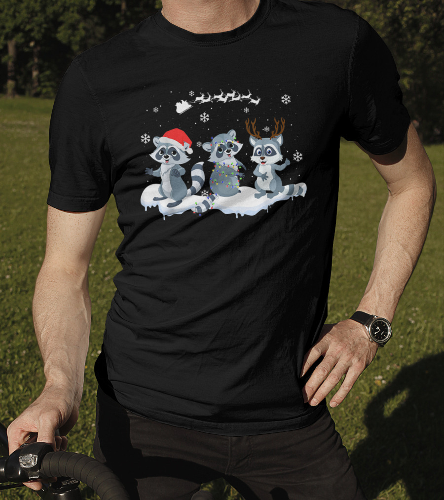 Christmas Cute Raccoon Santa Reindeer Snowflakes Sleigh T-Shirt