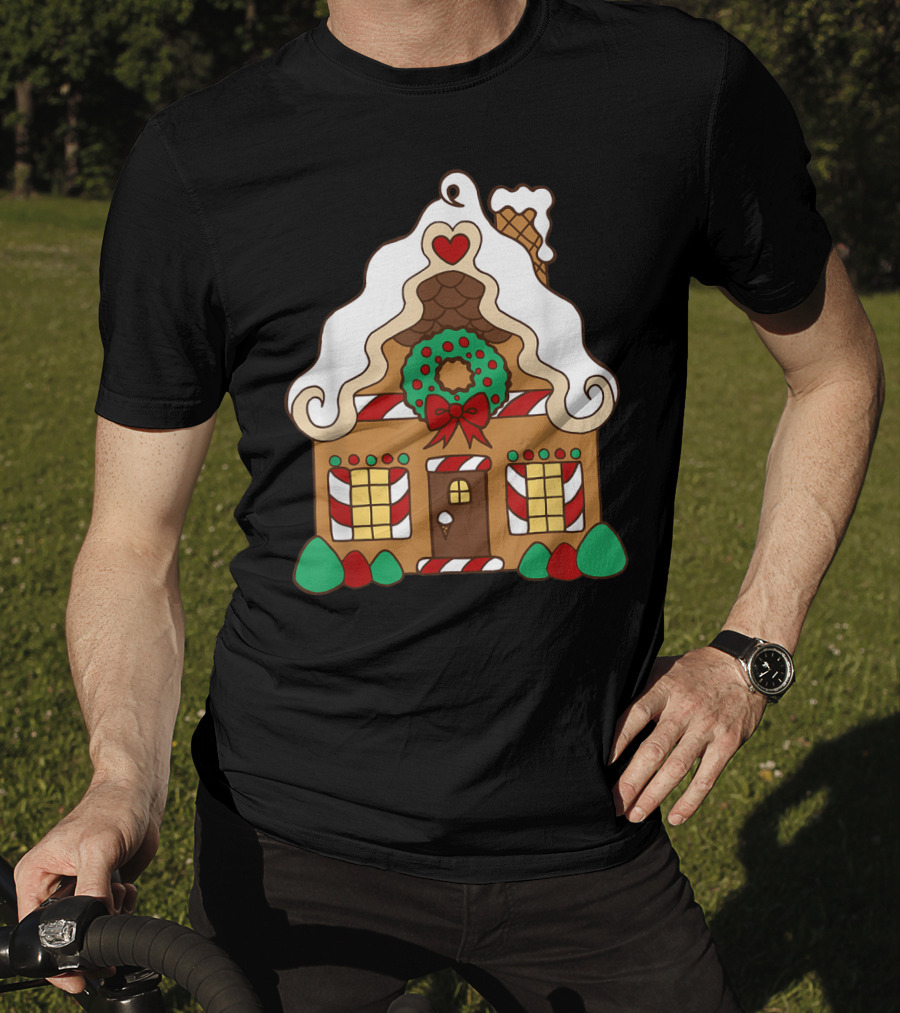 Christmas Gingerbread House With Candy Cane And Wreath T-Shirt