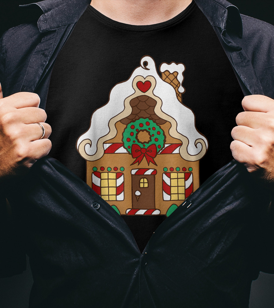 Christmas Gingerbread House With Candy Cane And Wreath T-Shirt
