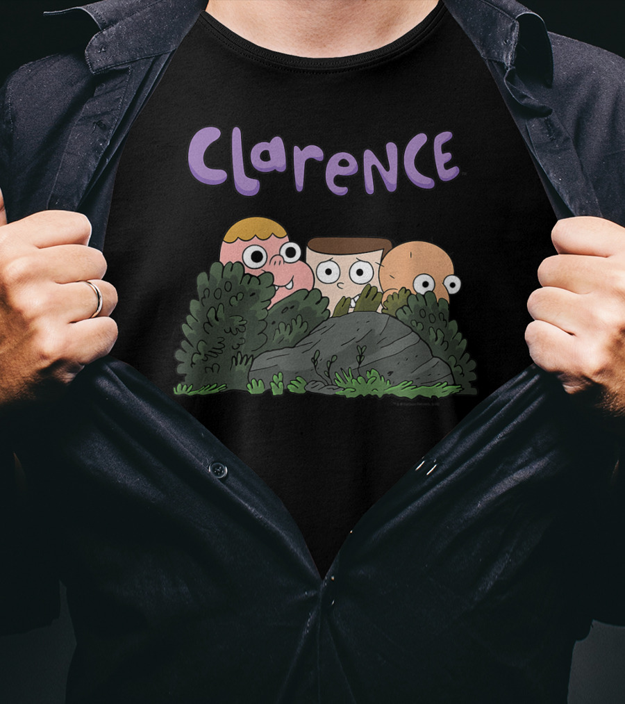 Clarence Cartoon Friends Hiding Behind Bushes T-Shirt
