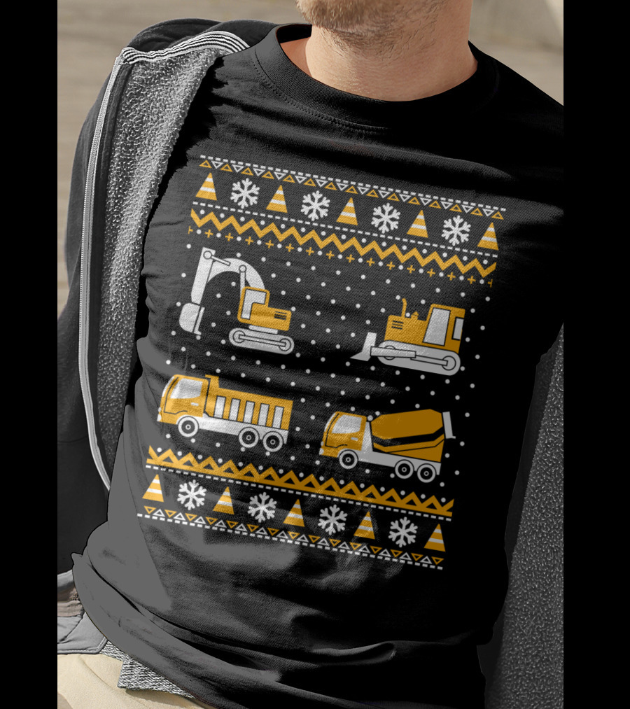 Construction Excavator Bulldozer Dump Truck Cement Mixer Snowflakes T-Shirt