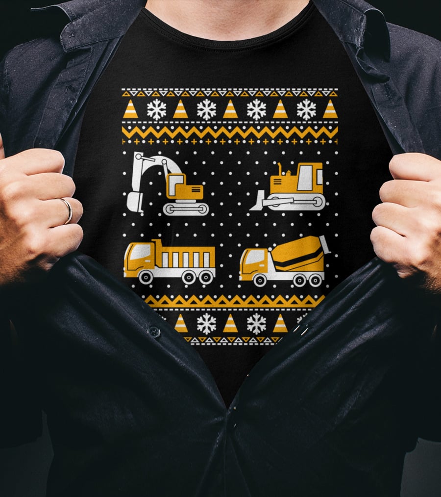 Construction Excavator Bulldozer Dump Truck Cement Mixer Snowflakes T-Shirt