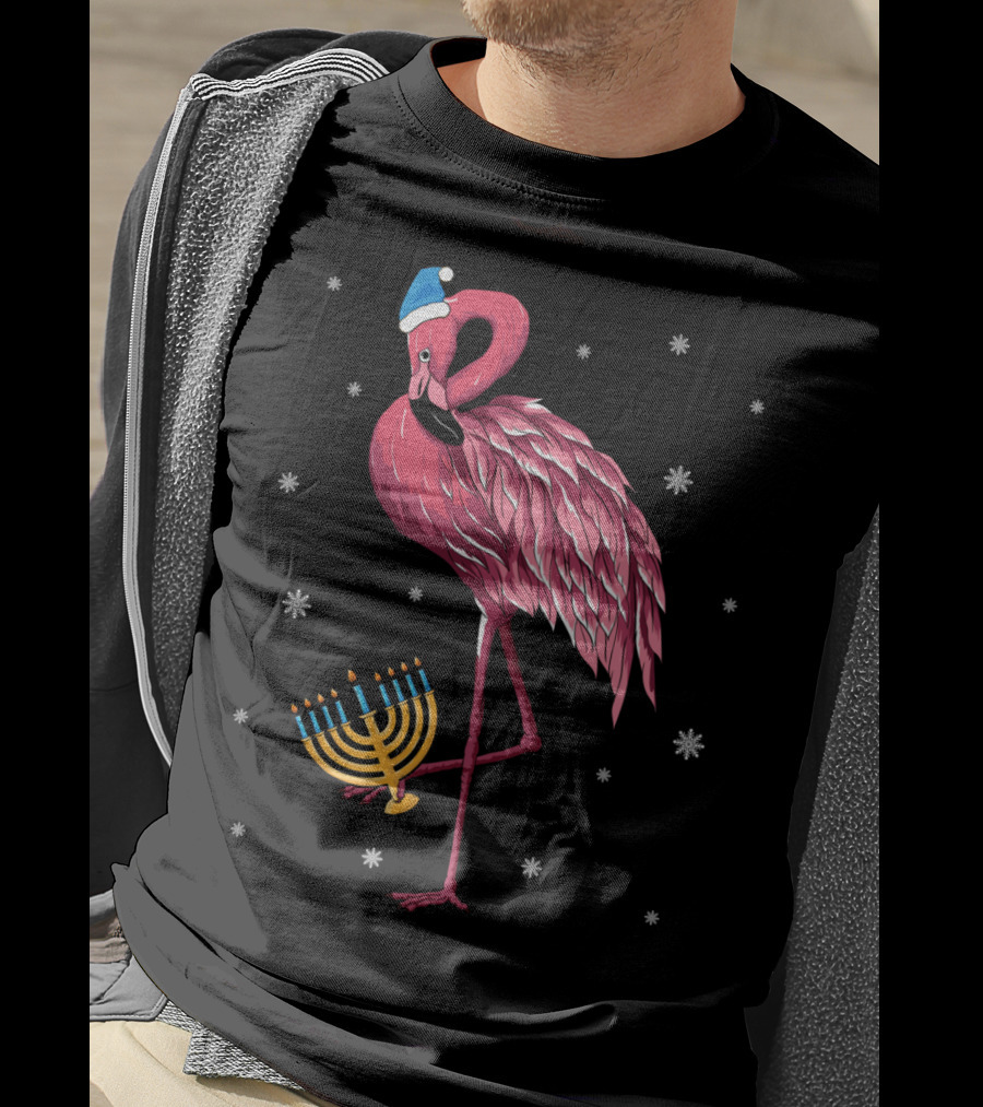 Cute Menorah Flamingo Hanukkah Chanukah With Snowflakes T-Shirt