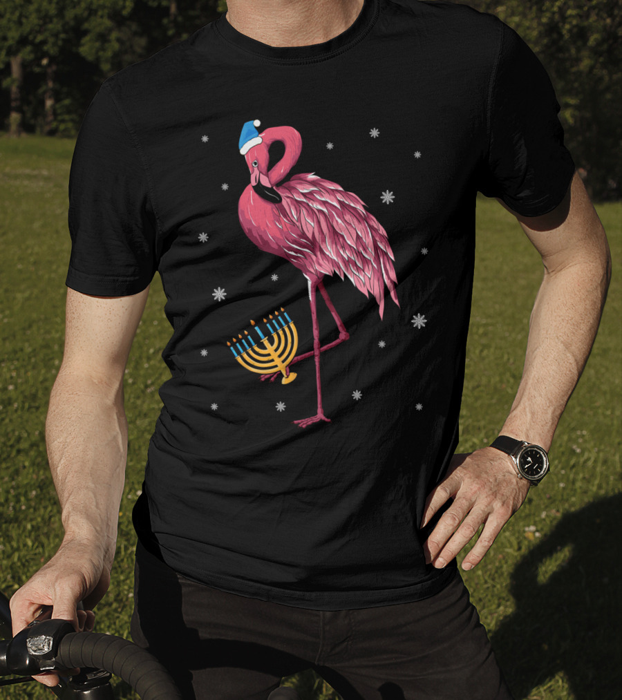 Cute Menorah Flamingo Hanukkah Chanukah With Snowflakes T-Shirt