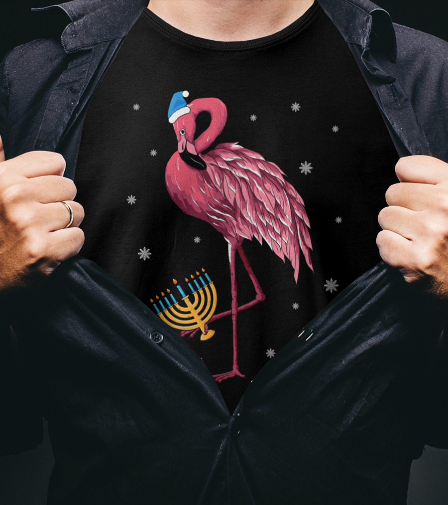 Cute Menorah Flamingo Hanukkah Chanukah With Snowflakes T-Shirt