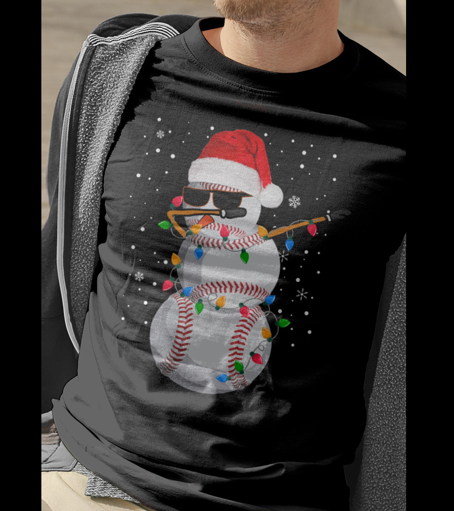 Dabbing Snowman Baseball Christmas Lights Santa Hat Sunglasses T-Shirt