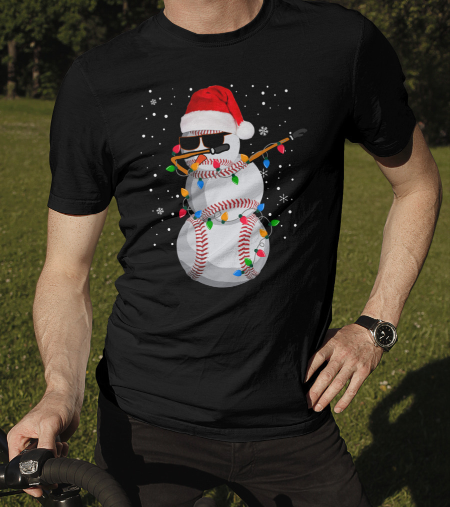 Dabbing Snowman Baseball Christmas Lights Santa Hat Sunglasses T-Shirt