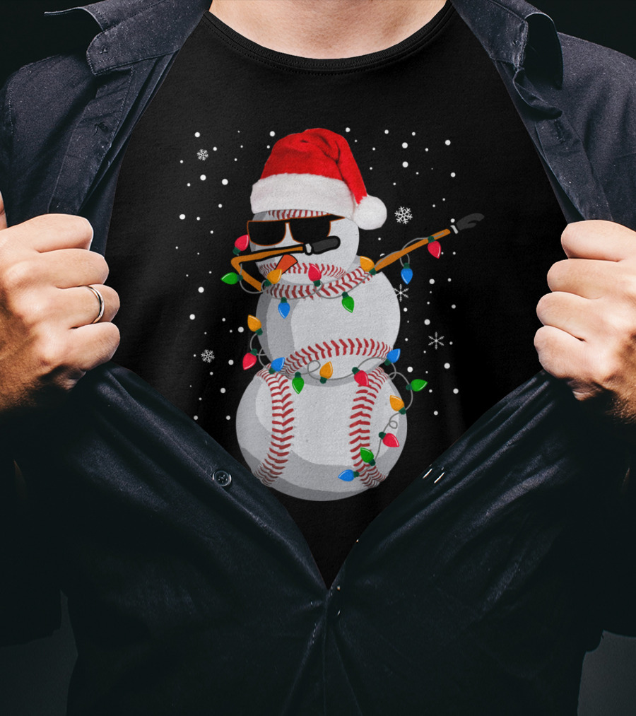 Dabbing Snowman Baseball Christmas Lights Santa Hat Sunglasses T-Shirt