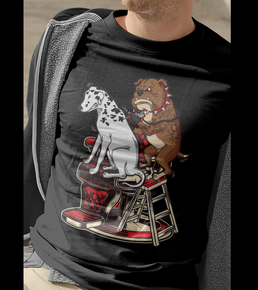 Dalmatian And Tattoo Artist Bulldog On Barber Chair T-Shirt