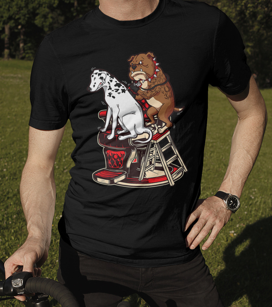 Dalmatian And Tattoo Artist Bulldog On Barber Chair T-Shirt