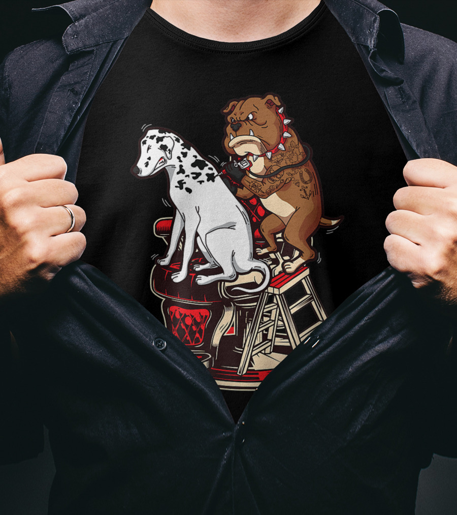 Dalmatian And Tattoo Artist Bulldog On Barber Chair T-Shirt