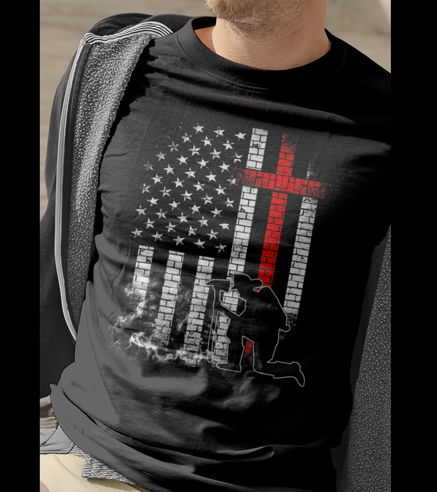 Fireman Kneeling With Axe Over American Flag And Thin Red Line Cross T-Shirt