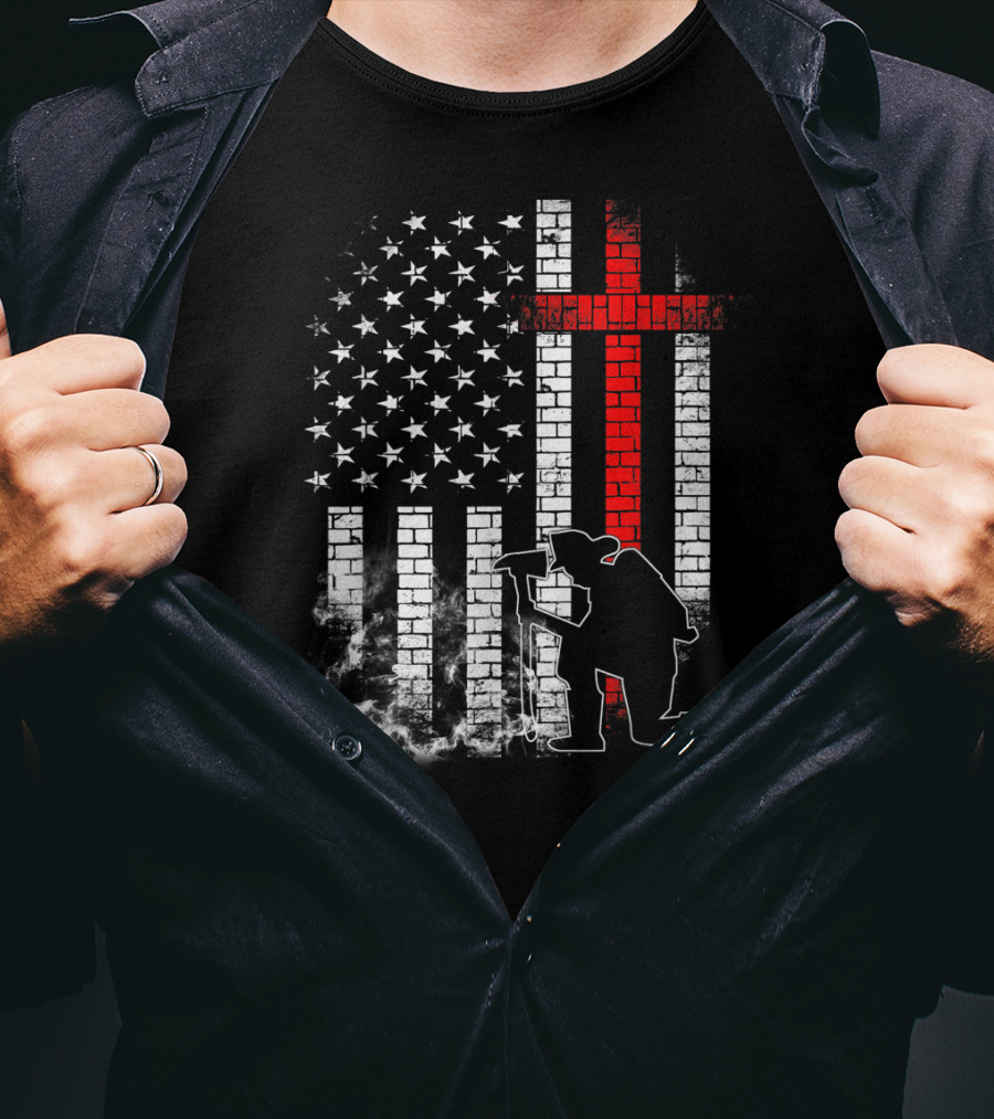 Fireman Kneeling With Axe Over American Flag And Thin Red Line Cross T-Shirt