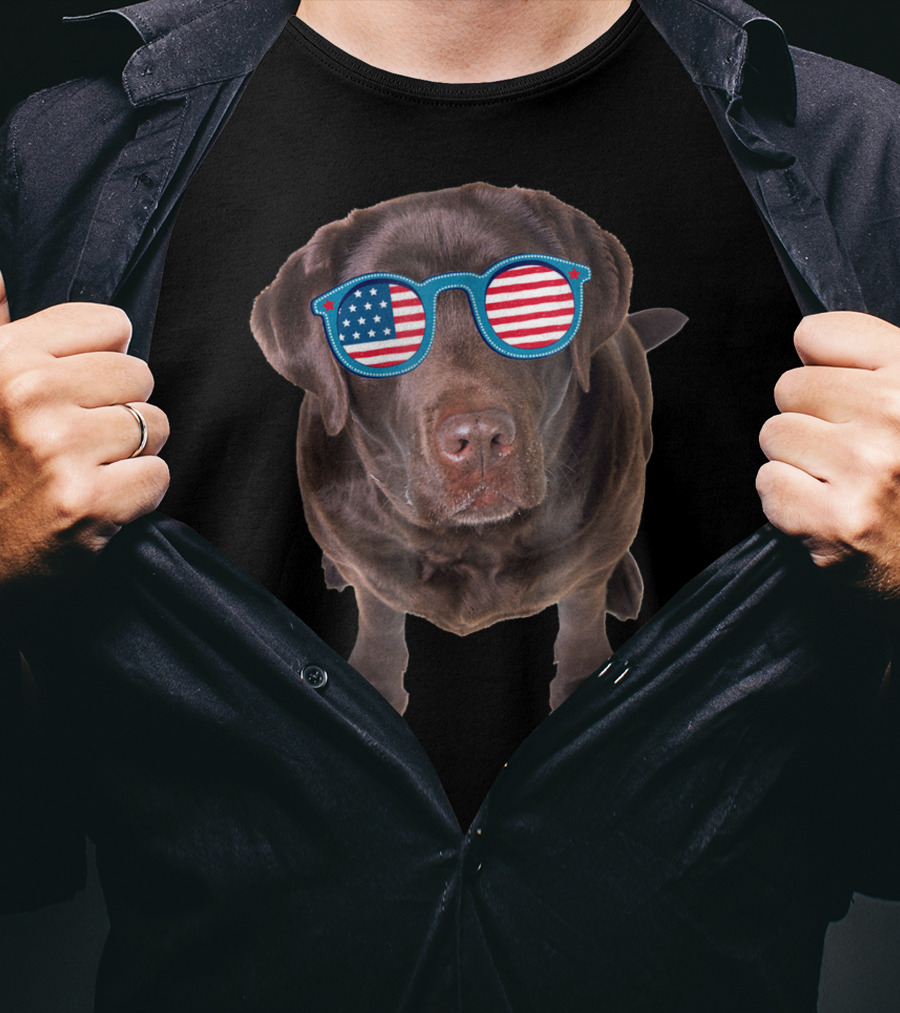 Funny Chocolate Lab Wearing American Flag Sunglasses T-Shirt