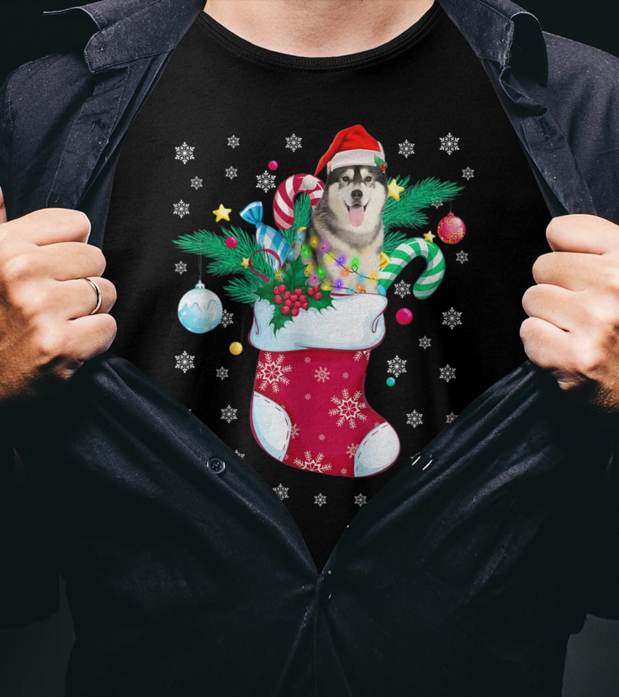 Christmas Siberian Husky With Santa Hat In Festive Sock T-Shirt