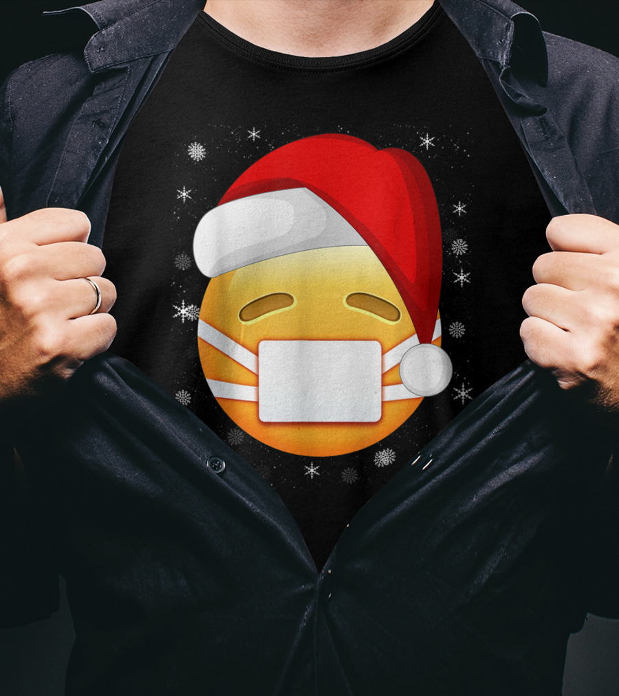 Funny Face With Medical Mask Emojis Santa Hat Snowflakes T-Shirt