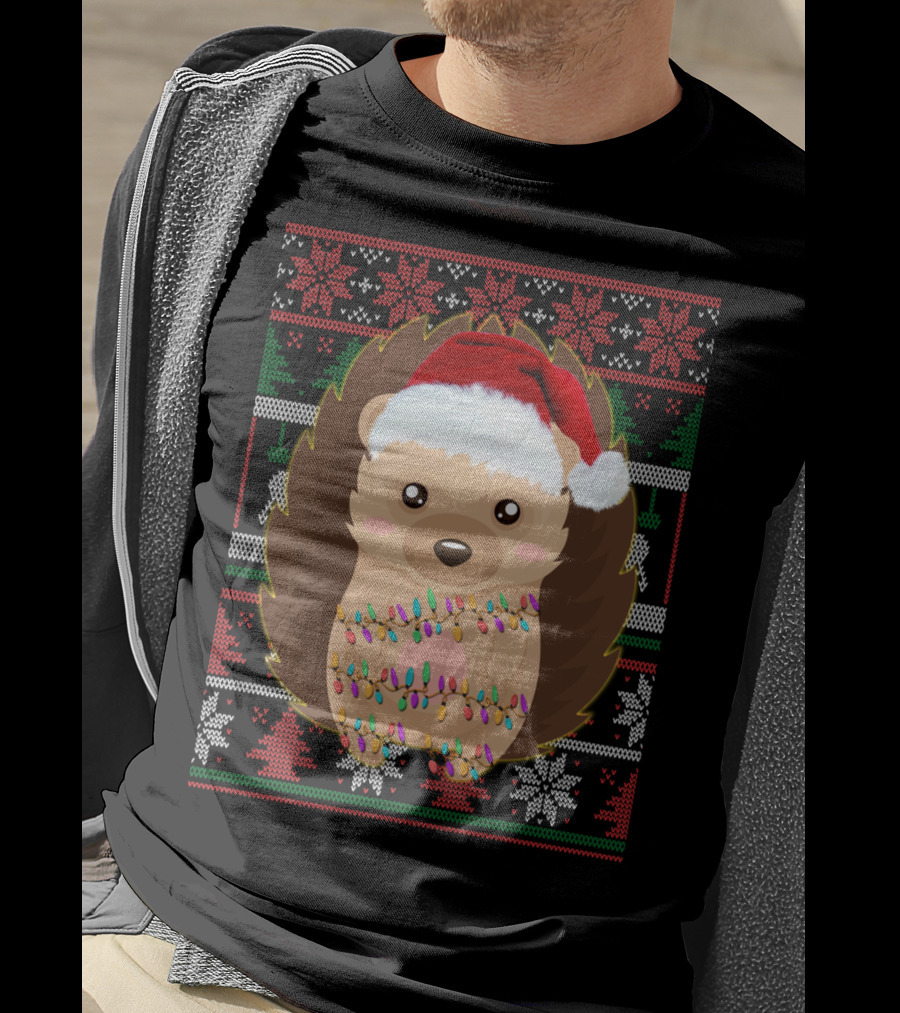 Funny Christmas Hedgehog Ugly Sweater Lights T-Shirt