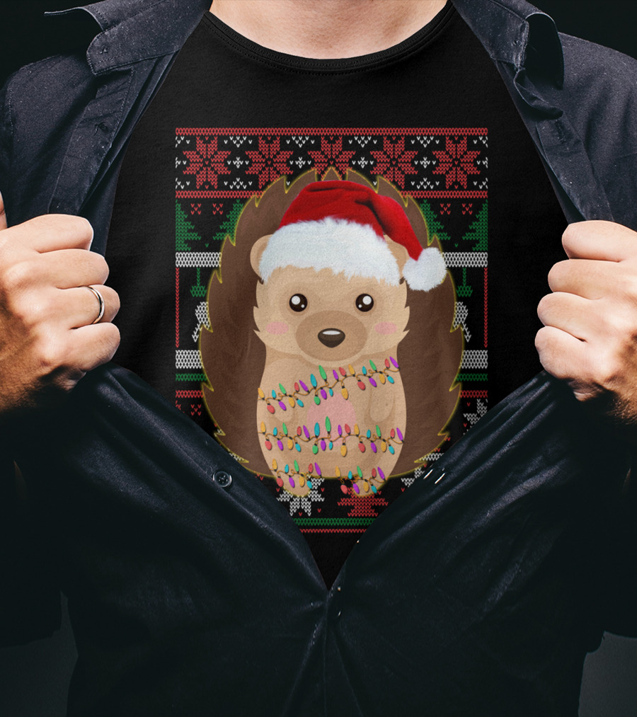 Funny Christmas Hedgehog Ugly Sweater Lights T-Shirt