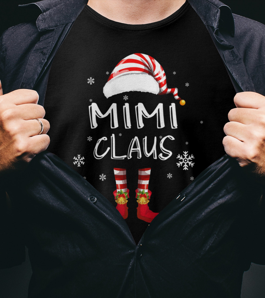 Mimi Claus Santa Hat Elf Boots Snowflakes Grandma T-Shirt