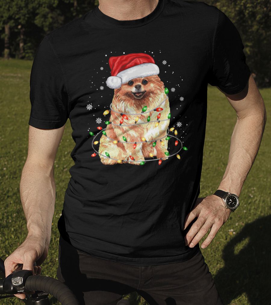 Pomeranian In Santa Hat With Christmas Lights And Snowflakes T-Shirt