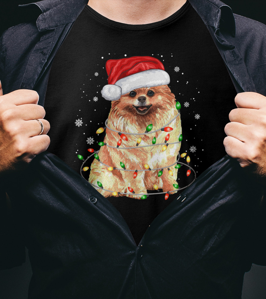Pomeranian In Santa Hat With Christmas Lights And Snowflakes T-Shirt