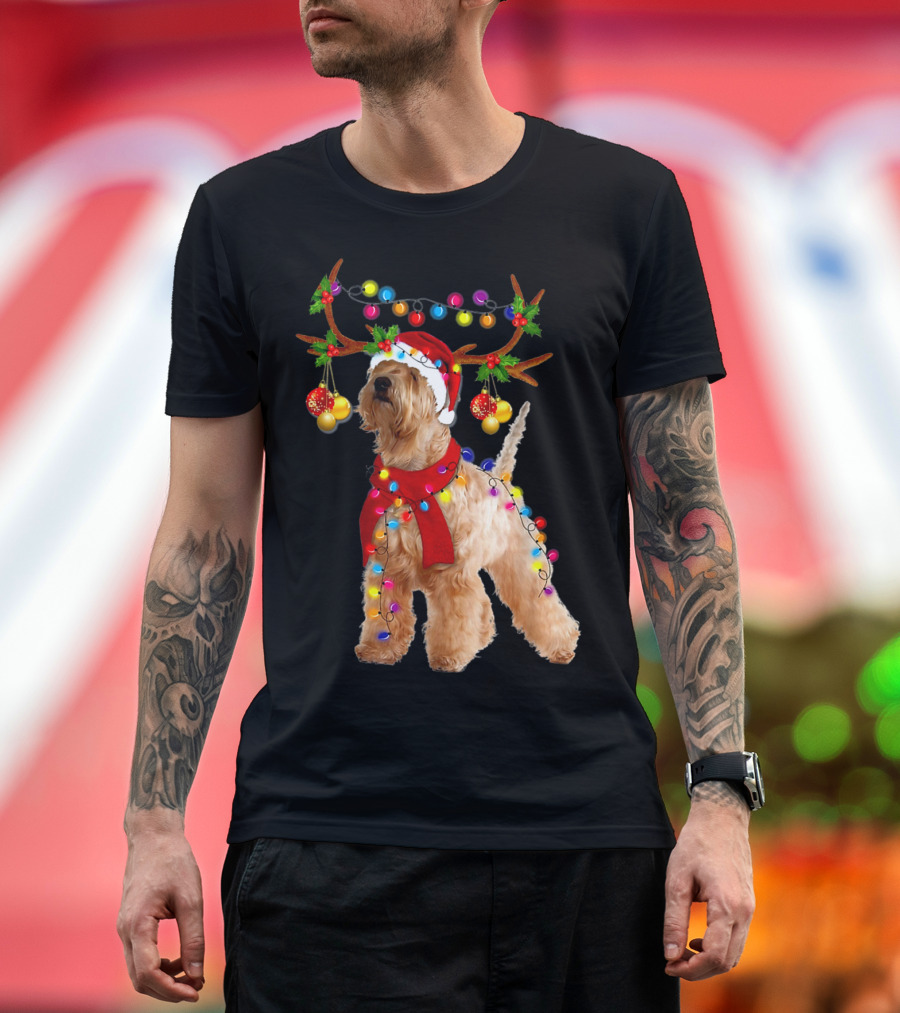 Wheaten Terrier Santa Reindeer With Festive Christmas Lights T-Shirt
