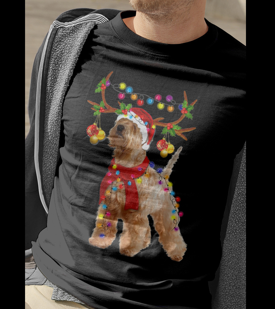 Wheaten Terrier Santa Reindeer With Festive Christmas Lights T-Shirt