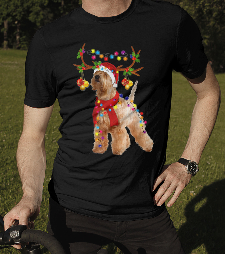 Wheaten Terrier Santa Reindeer With Festive Christmas Lights T-Shirt