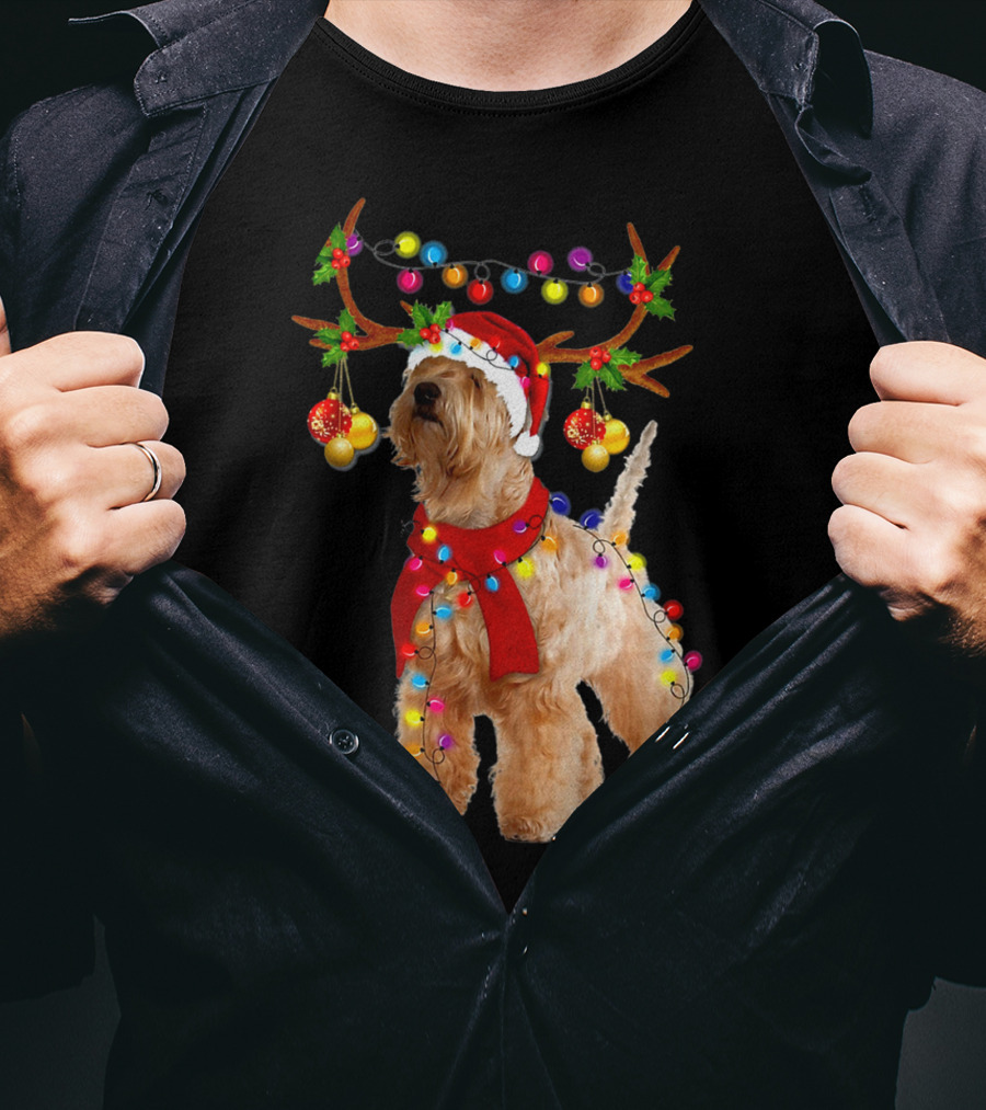 Wheaten Terrier Santa Reindeer With Festive Christmas Lights T-Shirt