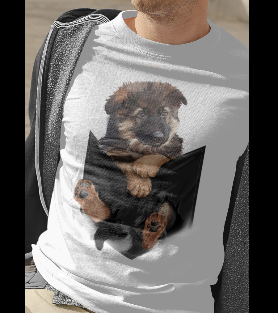 German Shepherd Puppy In Black Pocket T-Shirt