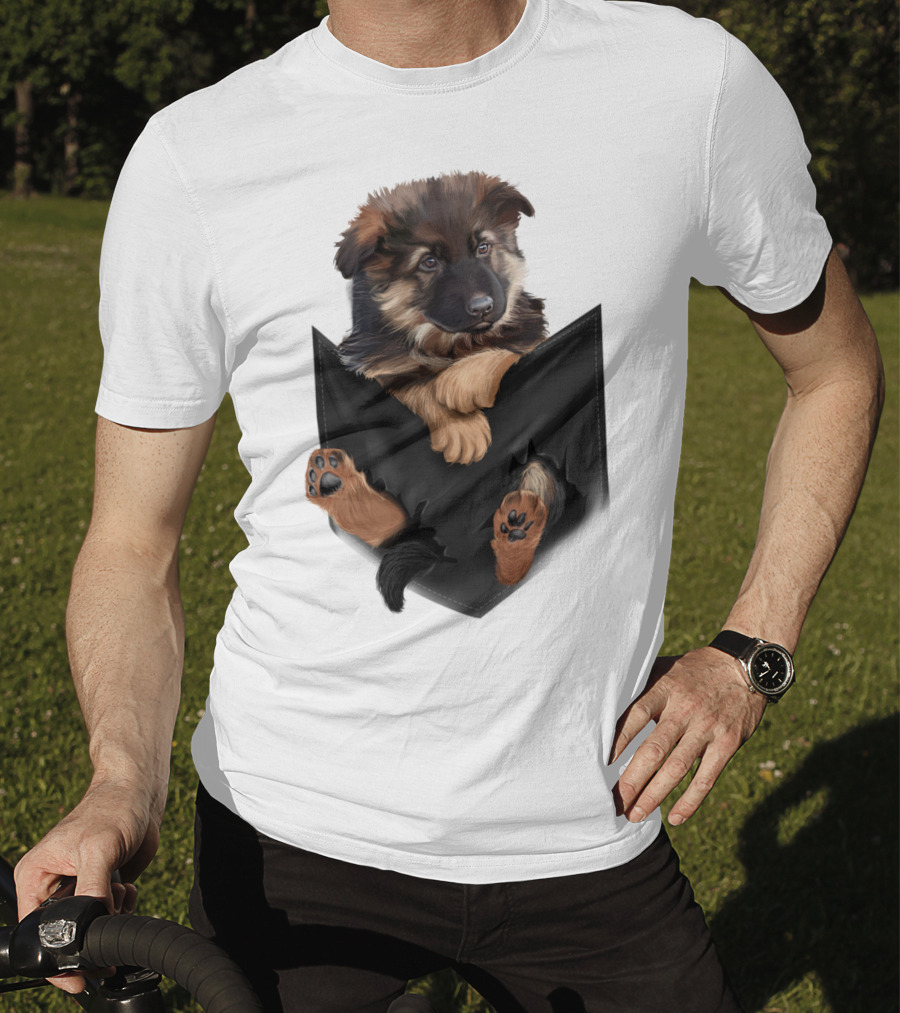 German Shepherd Puppy In Black Pocket T-Shirt