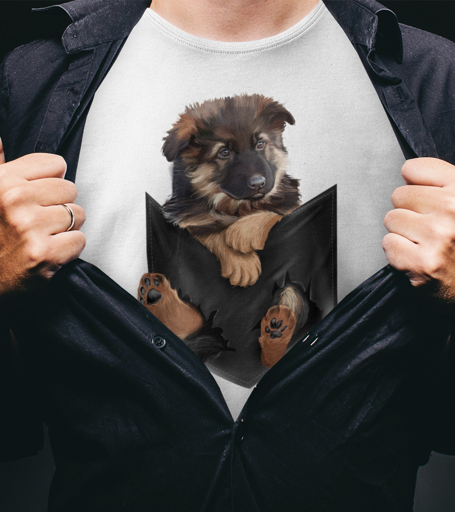German Shepherd Puppy In Black Pocket T-Shirt