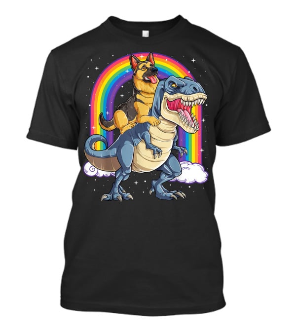 German Shepherd Riding Dinosaur Rex With Rainbow And Stars T-Shirt