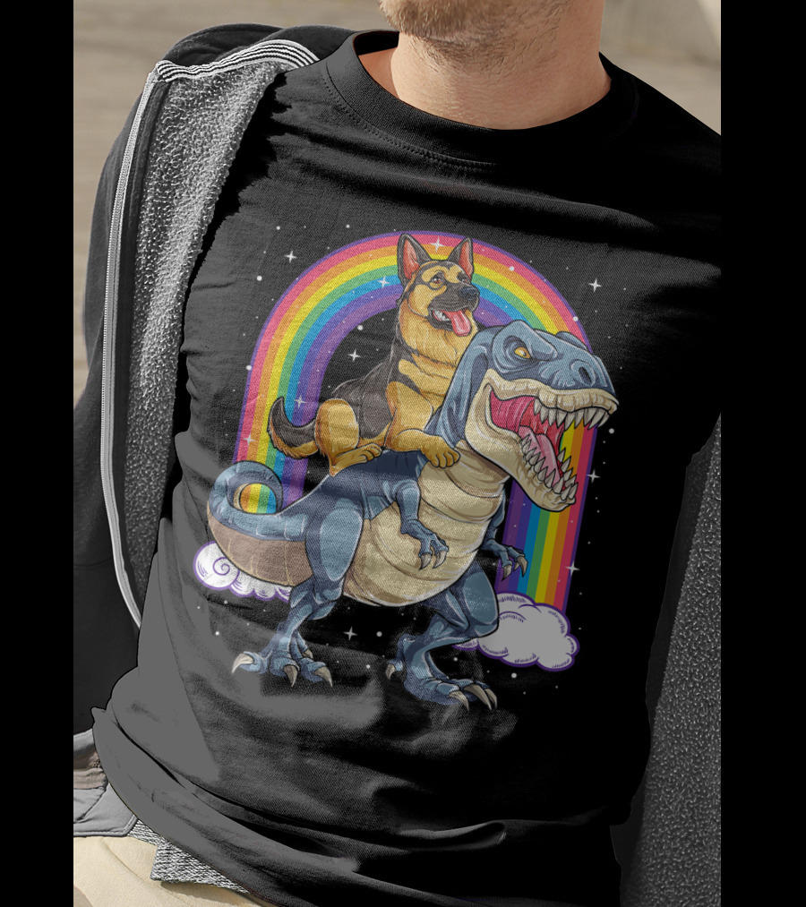 German Shepherd Riding Dinosaur Rex With Rainbow And Stars T-Shirt