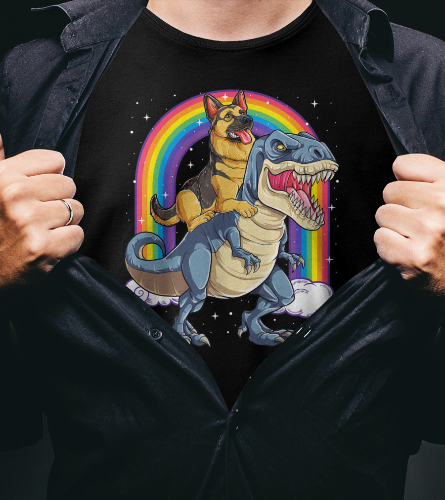 German Shepherd Riding Dinosaur Rex With Rainbow And Stars T-Shirt