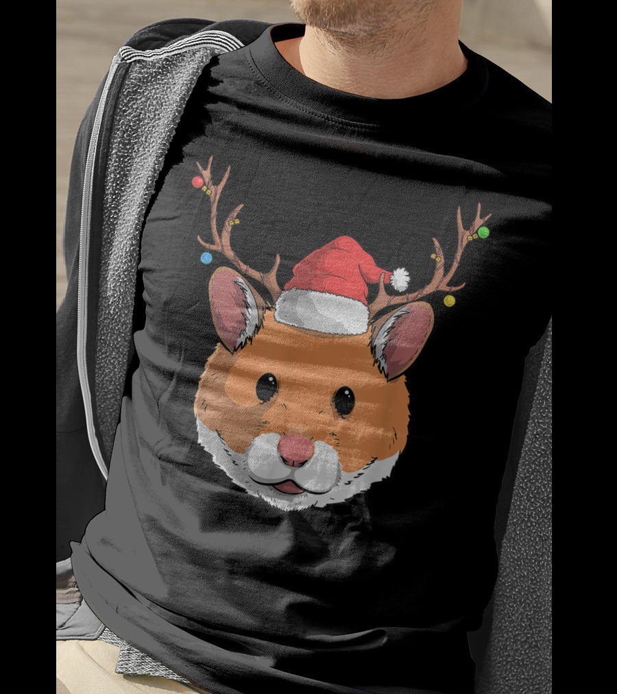 Hamster With Santa Claus Hat And Reindeer Antlers Christmas Holiday T-Shirt