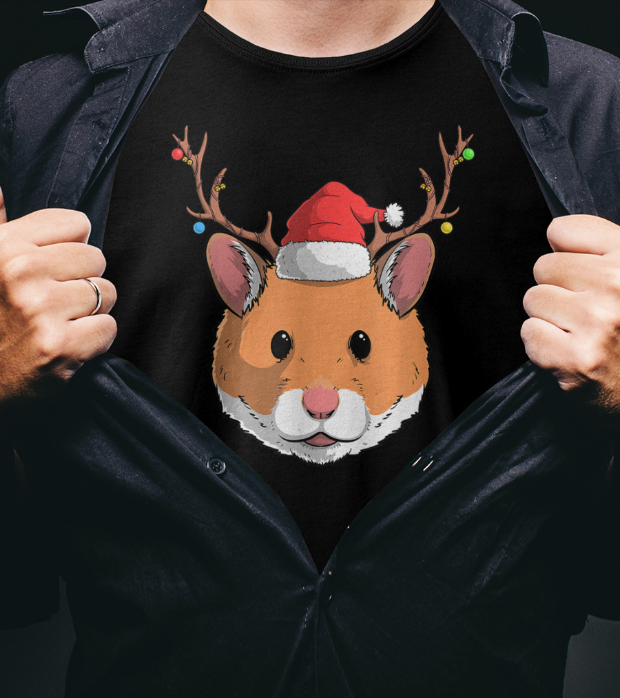 Hamster With Santa Claus Hat And Reindeer Antlers Christmas Holiday T-Shirt