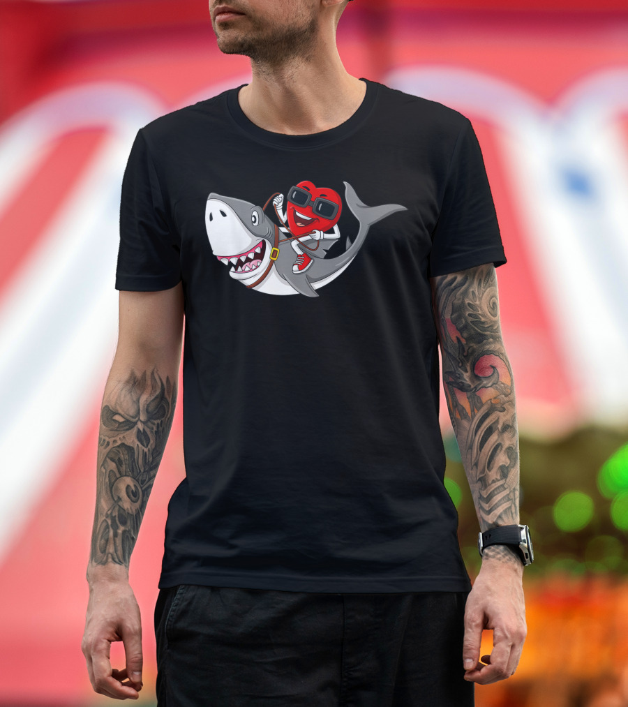 Heart Riding Shark Valentine's Day Adventure T-Shirt