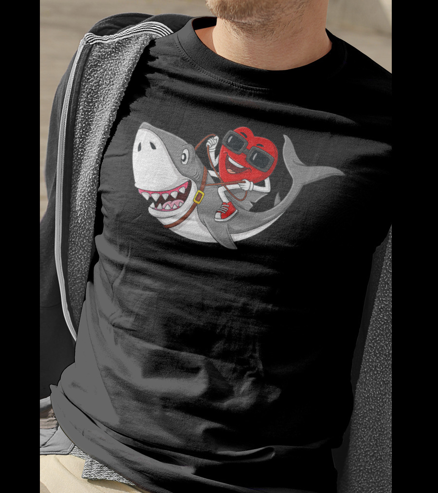Heart Riding Shark Valentine's Day Adventure T-Shirt