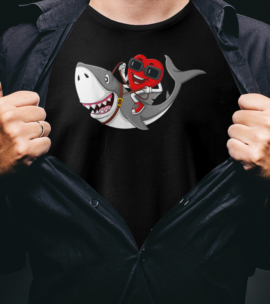 Heart Riding Shark Valentine's Day Adventure T-Shirt
