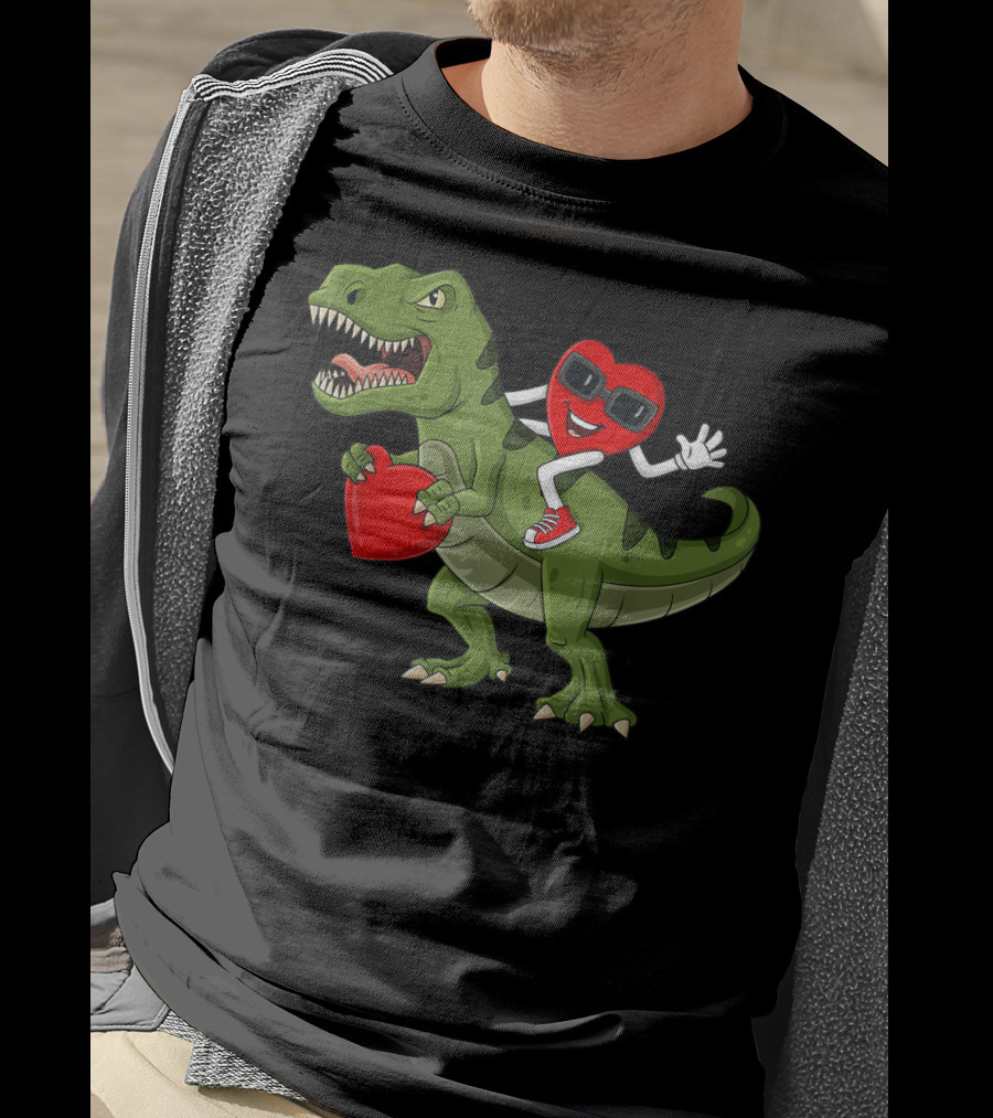 Heart Riding T-Rex Holding Valentines Day Hearts T-Shirt